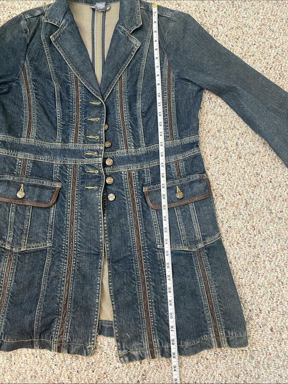 MOTTO Dark Blue Distressed Denim Blazer Jacket with Leather Trim Long Line - Picture 7 of 8